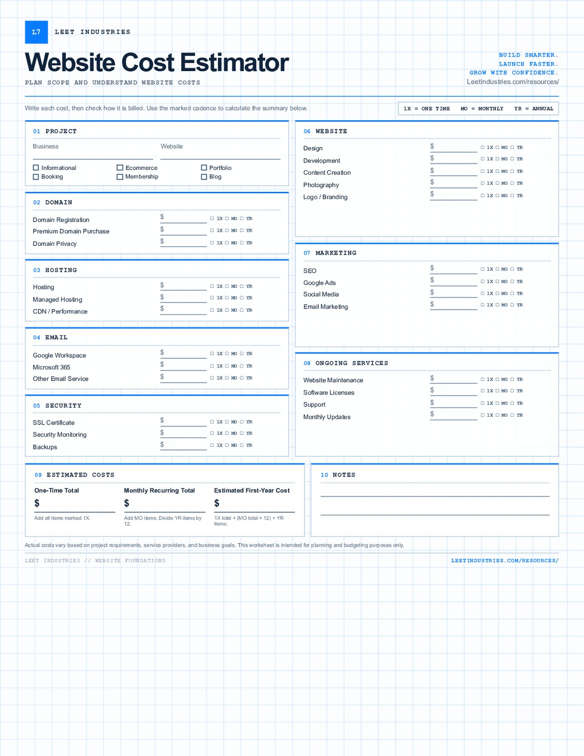 First page of Website Cost Calculator