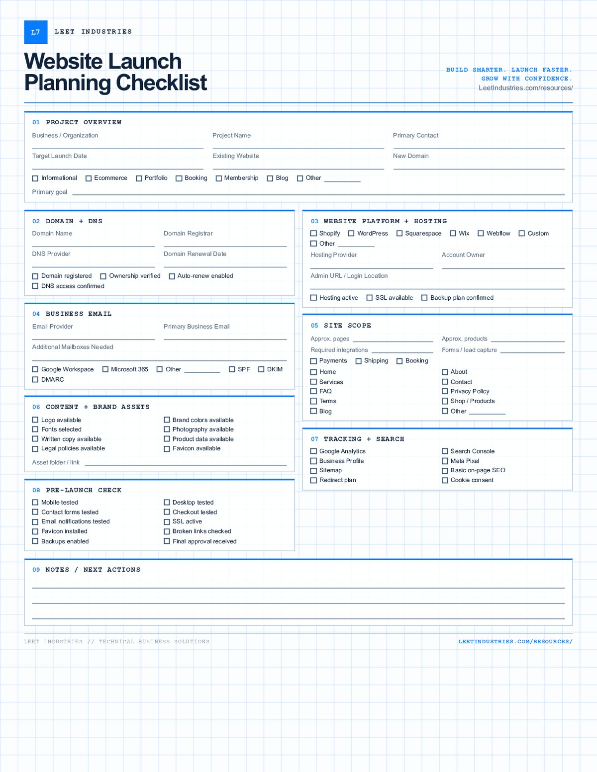 First page of Website Launch Checklist